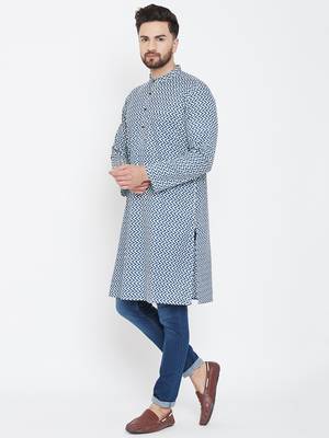 Blue Printed Pure Cotton Men Kurtas 4