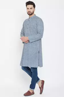 Blue Printed Pure Cotton Men Kurtas