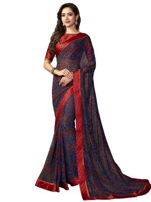 Dark Blue Printed Georgette Saree With Blouse 1