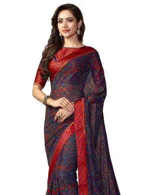 Dark Blue Printed Georgette Saree With Blouse 2