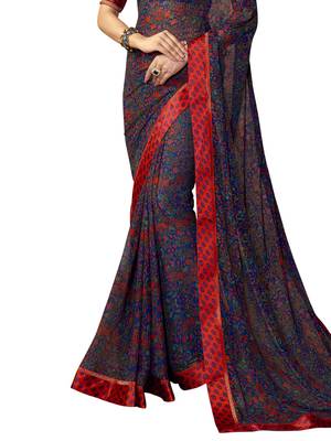 Dark Blue Printed Georgette Saree With Blouse 3