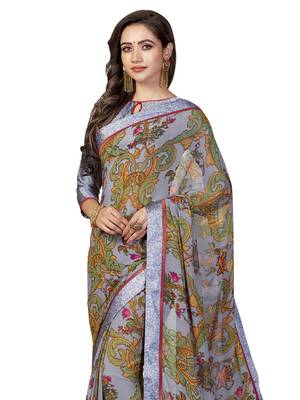 Grey Printed Georgette Saree With Blouse 2