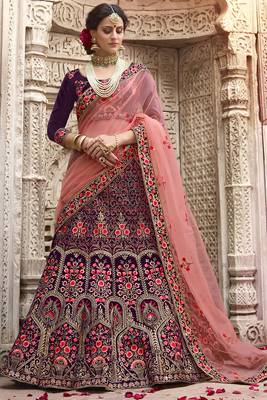Violet Embroidered Silk Semi Stitched Lehenga 1
