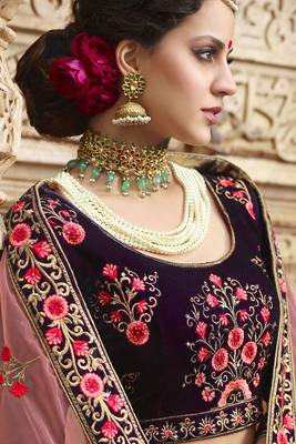 Violet Embroidered Silk Semi Stitched Lehenga 2