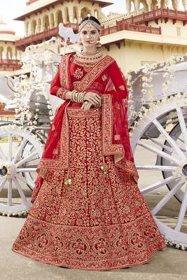 Red Embroidered Silk Semi Stitched Lehenga 1
