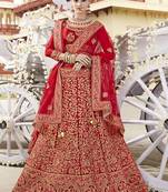 Red Embroidered Silk Semi Stitched Lehenga