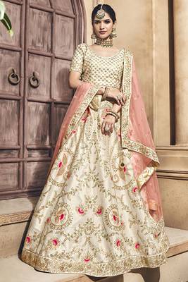 Cream Embroidered Silk Semi Stitched Lehenga 1