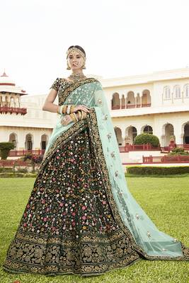 Green Embroidered Velvet Semi Stitched Lehenga 1