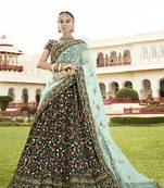 Green Embroidered Velvet Semi Stitched Lehenga
