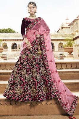 Violet Embroidered Velvet Semi Stitched Lehenga 1