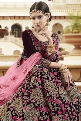 Violet Embroidered Velvet Semi Stitched Lehenga 2
