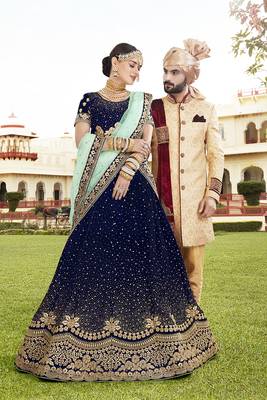 Blue Embroidered Velvet Semi Stitched Lehenga 1
