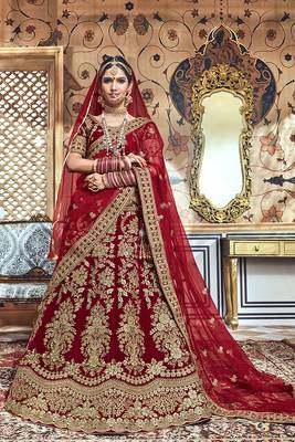 Red Embroidered Velvet Semi Stitched Lehenga 1