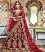 Red Embroidered Velvet Semi Stitched Lehenga