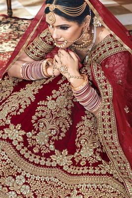 Red Embroidered Velvet Semi Stitched Lehenga 2