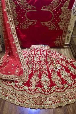 Red Embroidered Velvet Semi Stitched Lehenga 3