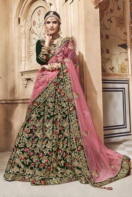 Green Embroidered Velvet Semi Stitched Lehenga 1