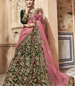 Green Embroidered Velvet Semi Stitched Lehenga
