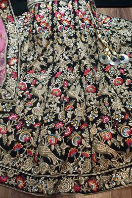 Green Embroidered Velvet Semi Stitched Lehenga 2