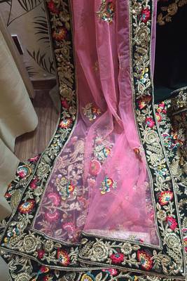 Green Embroidered Velvet Semi Stitched Lehenga 3