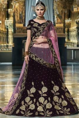 Purple Embroidered Velvet Semi Stitched Lehenga 1
