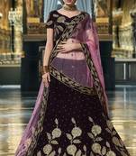 Purple Embroidered Velvet Semi Stitched Lehenga