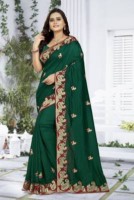 Green embroidered silk saree with blouse 1
