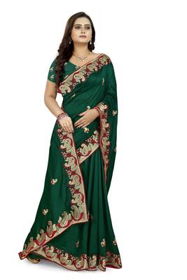 Green embroidered silk saree with blouse 3