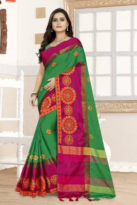 Green embroidered cotton silk saree with blouse 1