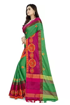 Green embroidered cotton silk saree with blouse