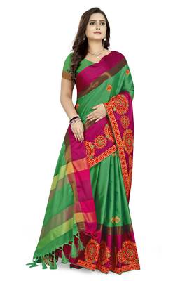 Green embroidered cotton silk saree with blouse 3