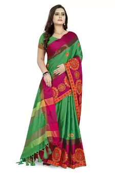 Green embroidered cotton silk saree with blouse