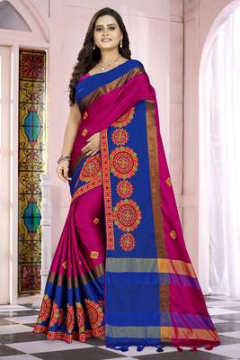 Pink embroidered cotton silk saree with blouse 1