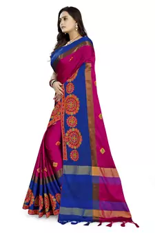 Pink embroidered cotton silk saree with blouse