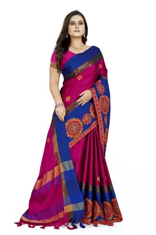 Pink embroidered cotton silk saree with blouse