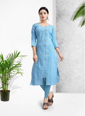 Skyblue Khadi Cotton Stitched Kuri Causal Wear 2