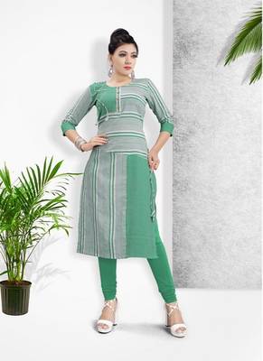 Green Khadi Cotton Stitched Kuri Causal Wear 1
