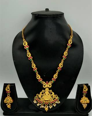 Gold Plated Red And Green Stone Laxmi Pendant Jewellery Set 3