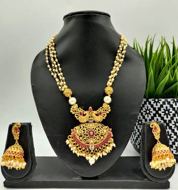 Gold Plated With Red Stone Studded And White Moti Neckalce Set For Women 1