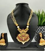 Gold Plated With Red Stone Studded And White Moti Neckalce Set For Women