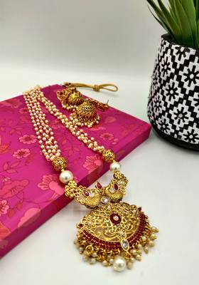 Gold Plated With Red Stone Studded And White Moti Neckalce Set For Women 3