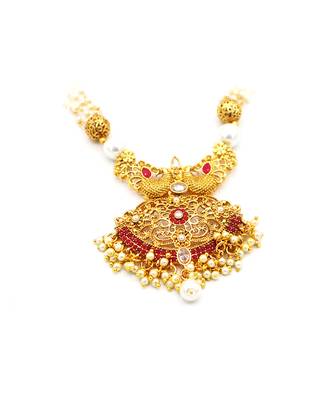 Gold Plated With Red Stone Studded And White Moti Neckalce Set For Women 4
