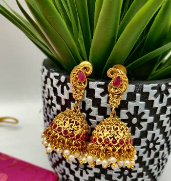 Gold Plated With Red Stone Studded And White Moti Neckalce Set For Women 5
