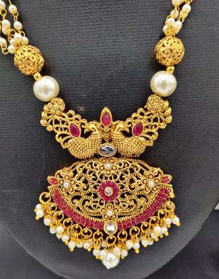 Gold Plated With Red Stone Studded And White Moti Neckalce Set For Women 6