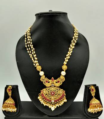 Gold Plated With Red Stone Studded And White Moti Neckalce Set For Women 7