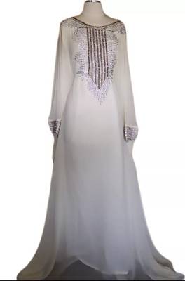 white georgette moroccan islamic dubai kaftan farasha zari and stone work dress 1