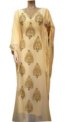 beige georgette moroccan islamic dubai kaftan farasha zari and stone work dress 1