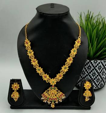 Gold Plated Pink & Green Stone Studded Jewellery Set 1