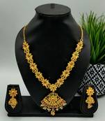 Gold Plated Pink & Green Stone Studded Jewellery Set