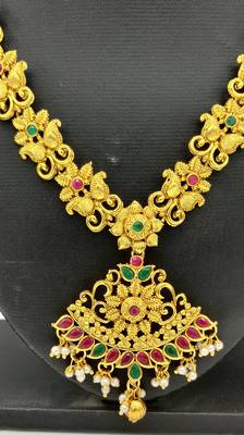 Gold Plated Pink & Green Stone Studded Jewellery Set 3